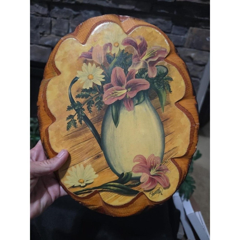 Vintage 70's Hand Painted Floral Oval Wall Plaque Floral Artist Signed